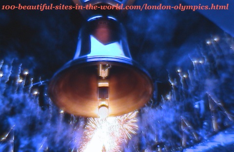 London Olympics bell 2012. Bell, fireworks and reflection of the blue lights