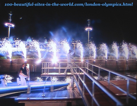 London Olympics 2012. After lighting the torch from the torch on the boat and walking towards the celebrations